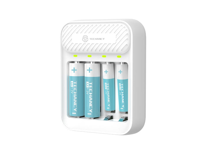 Techancy MM5420-oplader met 4 sleuven voor 1,2 V AA/AAA Ni-MH-batterijen met led, wit