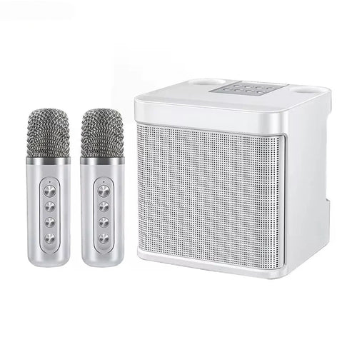 Draagbare karaoke-luidspreker met twee microfoons, wit