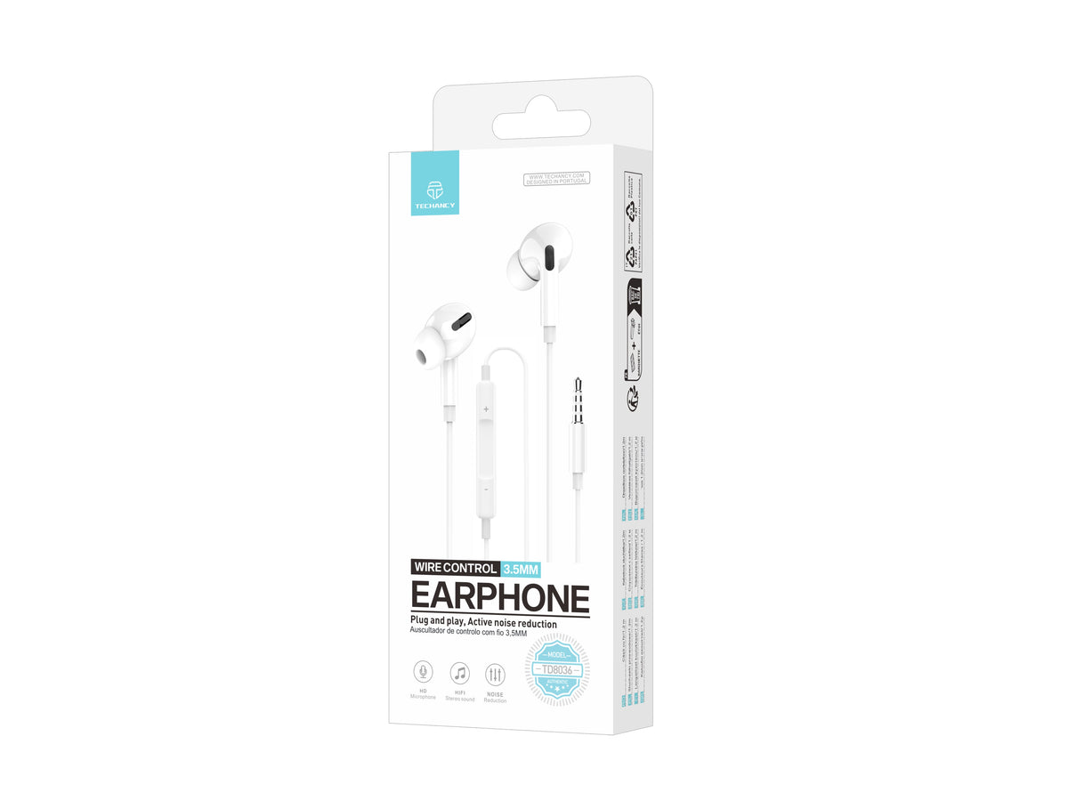 Techancy TD8036 bedrade oordopjes met 3,5 mm aansluiting en microfoon, wit