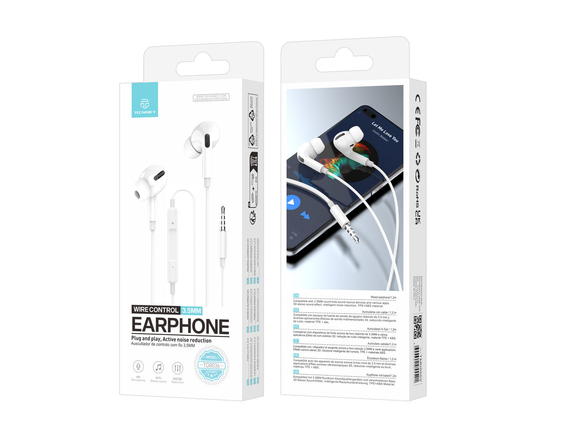 Techancy TD8036 bedrade oordopjes met 3,5 mm aansluiting en microfoon, wit
