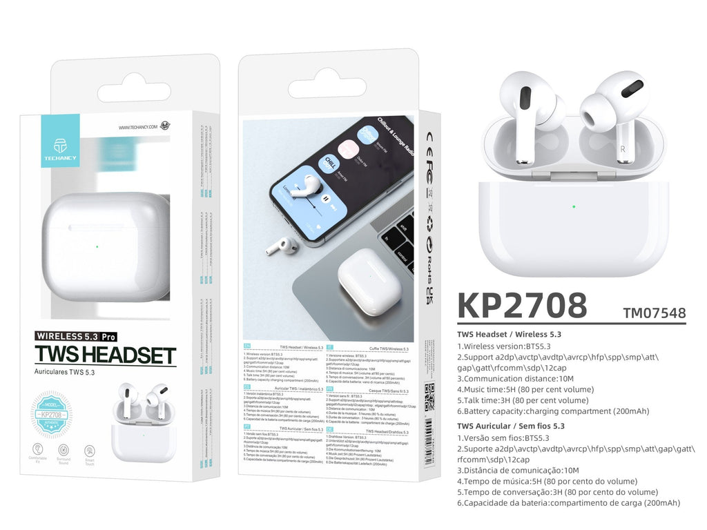 Techancy TWS KP2708 Bluetooth 5.3 oordopjes, wit, tot 5 uur afspeeltijd
