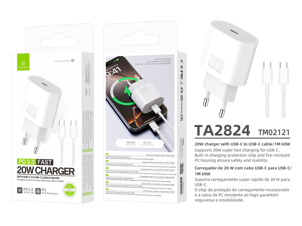 Techancy TA2824 PD 3.0 USB-C-oplader van 20 W met USB-C-kabel