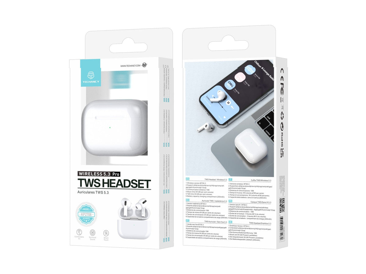 Techancy TWS KP2708 Bluetooth 5.3 oordopjes, wit, tot 5 uur afspeeltijd