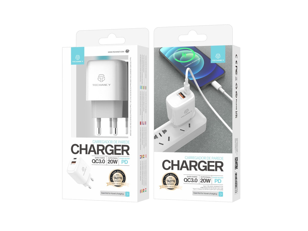 Witte Techancy TA2801 oplader van 20 W met PD-snel opladen en QC 3.0