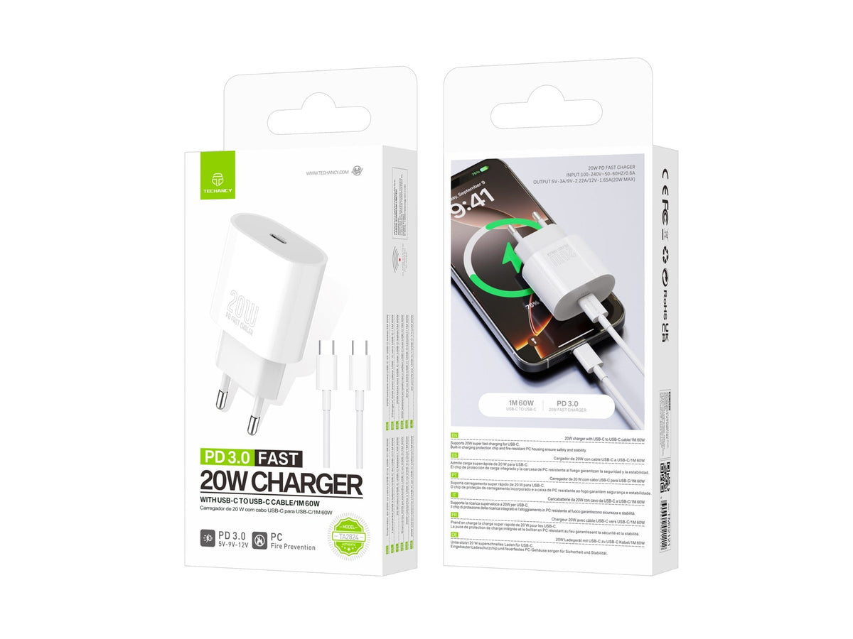 Techancy TA2824 PD 3.0 USB-C-oplader van 20 W met USB-C-kabel