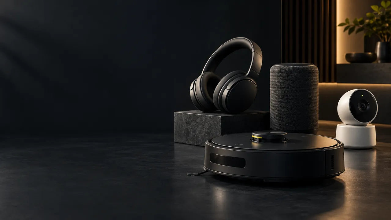 Illustrative audio and home technology scene on a dark background